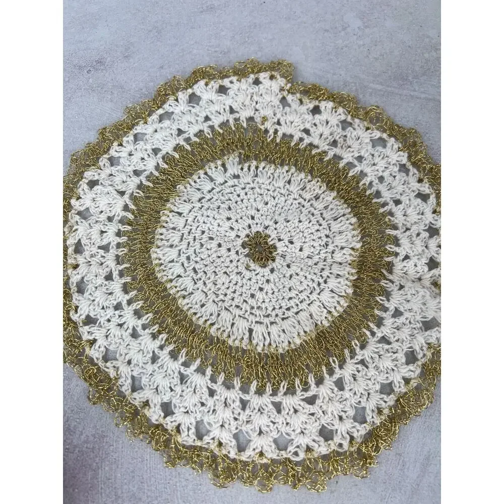 Vintage White & Gold Wire Handmade Round‎ Crochet Dining Table Doily - Lot of 2